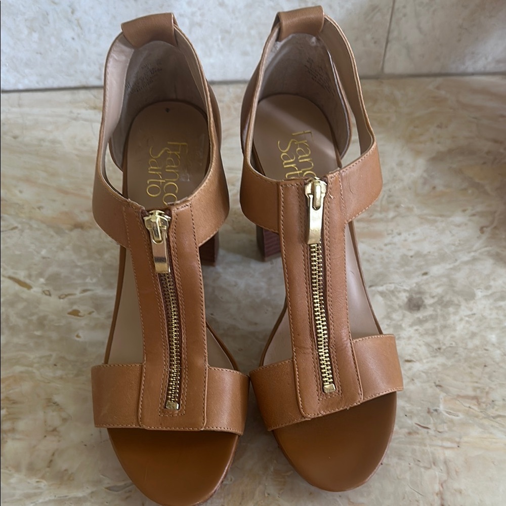 Franco Sarto Tan Heeled Sandals with Zipper Detail